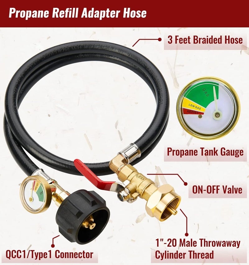 CALPOSE 3 Feet Propane Refill Adapter Hose with Gauge and ON/Off Control Valve, Extension Propane Refill Hose, Fill 1 Pound Bottles from 20lb Tank - Image 4
